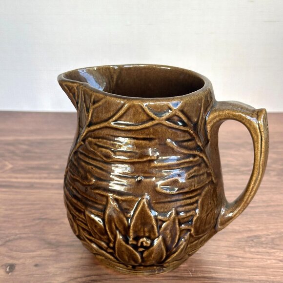 Vintage 1930s McCoy Brown Lotus Water Lily Pitcher 5" Tall Ceramic Embossed - Picture 2 of 9